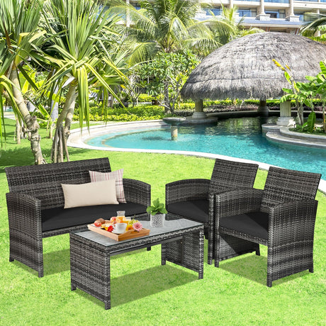 Juego de muebles de patio de ratán de 4 piezas con mesa de cristal y sofá de dos plazas - Gris