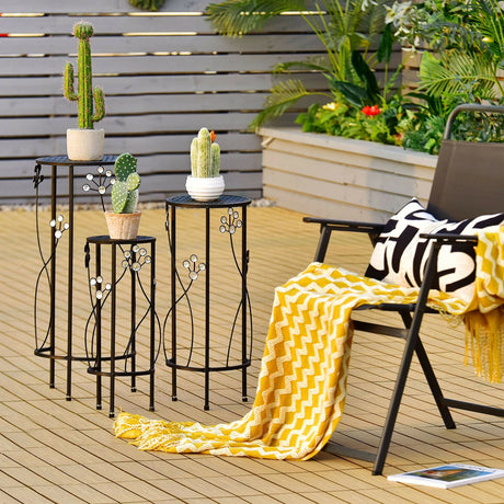 Set de 3 soportes de metal para plantas con detalles florales de cristal redondos - Negros