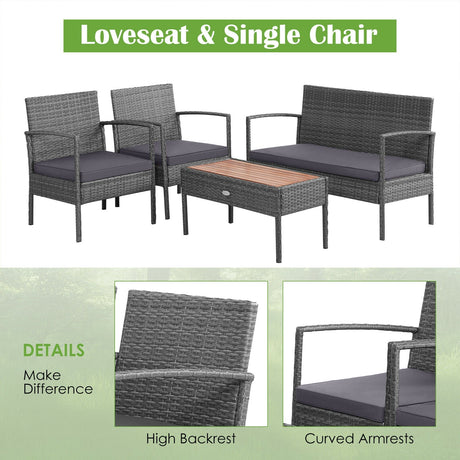 Juego de muebles de conversación para patio de ratán de 4 piezas con mesa de madera de acacia