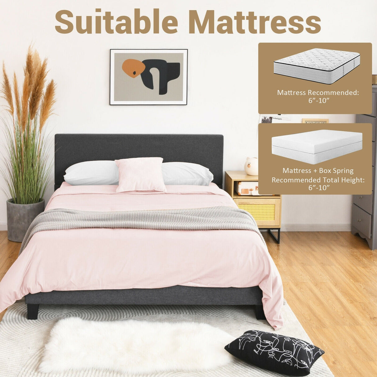 Base de cama tapizada tipo plataforma tamaño matrimonial/Queen con cabecero de lino