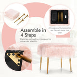 Taburete de Tocador de Pelo Sintético con Patas de Metal Doradas para Sala de Maquillaje