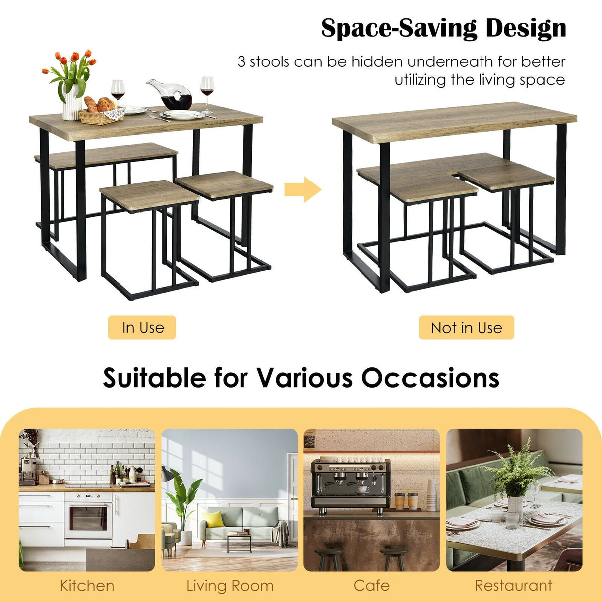 Juego de comedor industrial de 4 piezas con banco y 2 taburetes - Roble