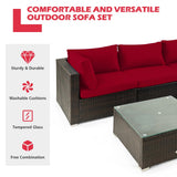 Juego de muebles de patio de ratán acolchados de 5 piezas con mesa de cristal
