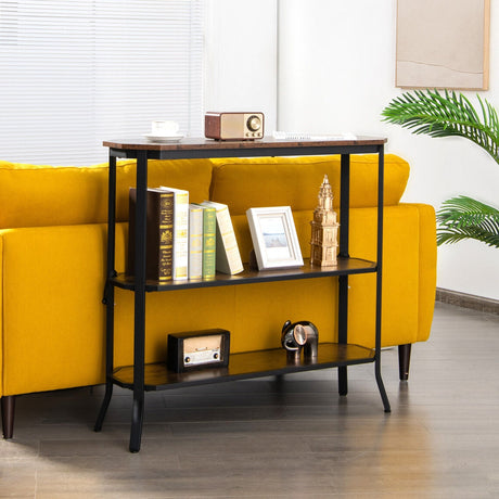 Mesa consola de sofá de entrada de 3 niveles con estructura de acero para pasillo y sala de estar-Marrón rústico