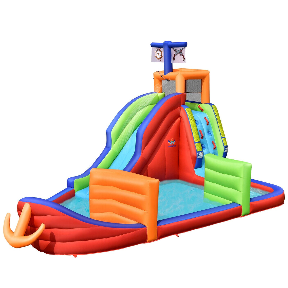 Castillo Hinchable Infantil 6 en 1 de Barco Pirata con Tobogán de Agua, Pistolas de Agua y Soplador de 735W