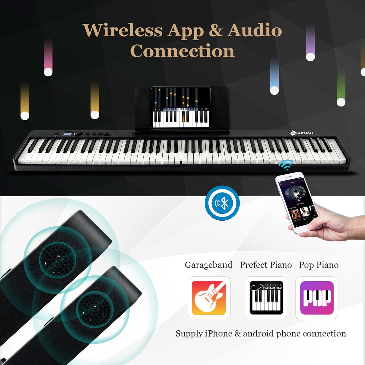 Piano eléctrico plegable de 88 teclas con luces, teclado portátil de tamaño completo MIDI