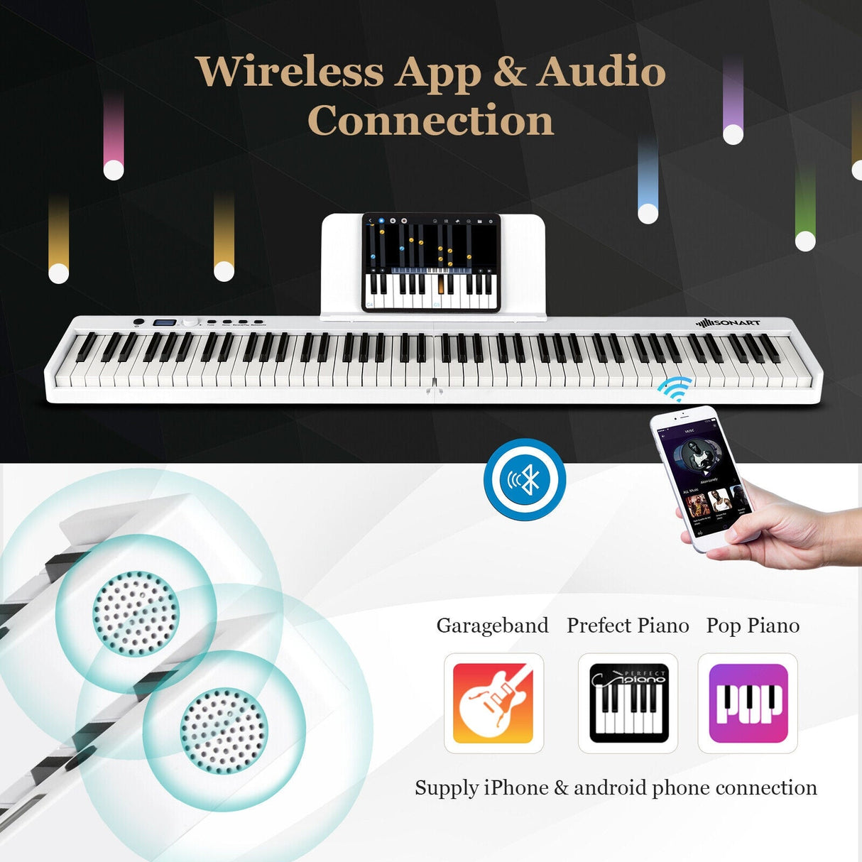 Piano eléctrico plegable de 88 teclas con luces, teclado portátil de tamaño completo MIDI