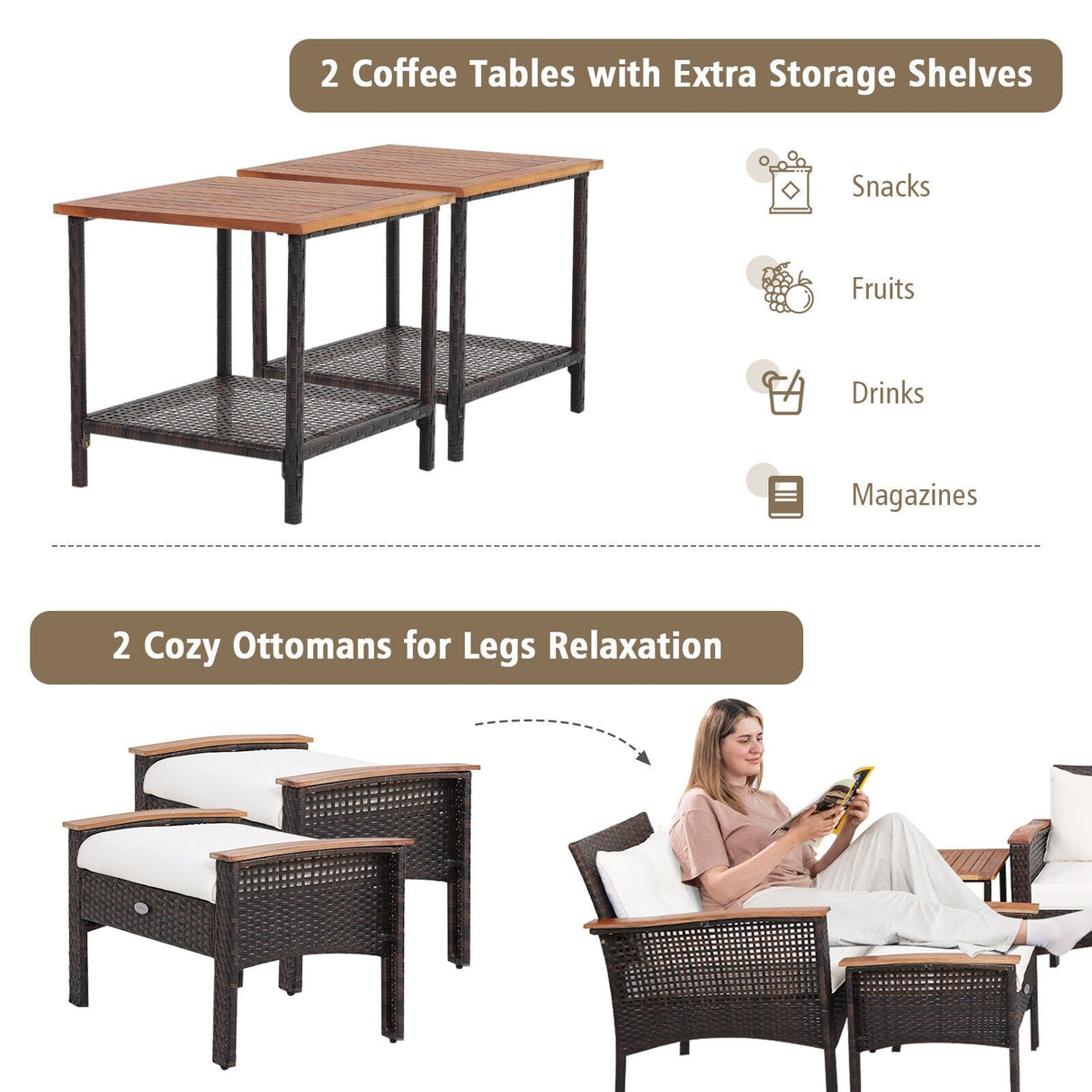 Juego de muebles de conversación de ratán acolchados para patio de 7 piezas