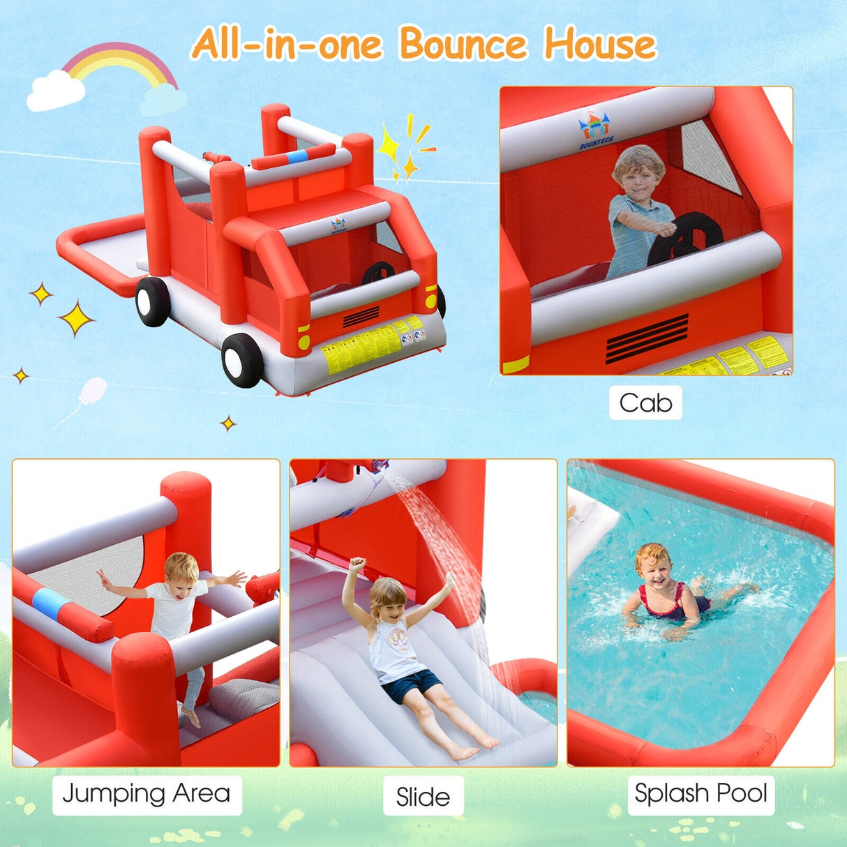 Parque Acuático Hinchable con Diseño de Camión de Bomberos, Casa de Rebote para Niños sin Soplador