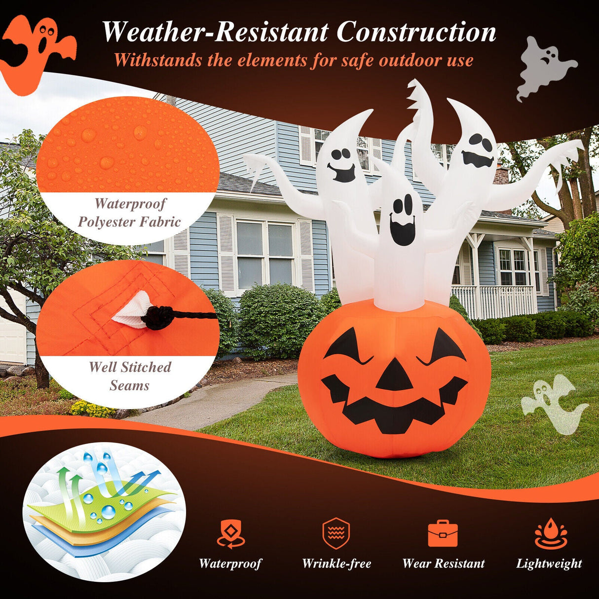 Fantasma inflable de Halloween de 6 pies con decoración de calabaza y lámpara giratoria