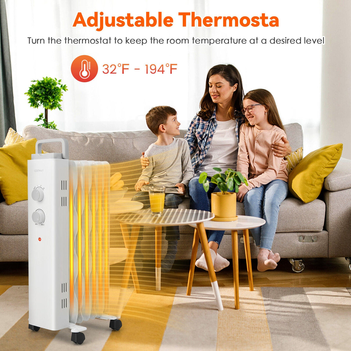 Calentador espacial de aceite de 1500W con ruedas universales y 3 niveles de calor-Blanco