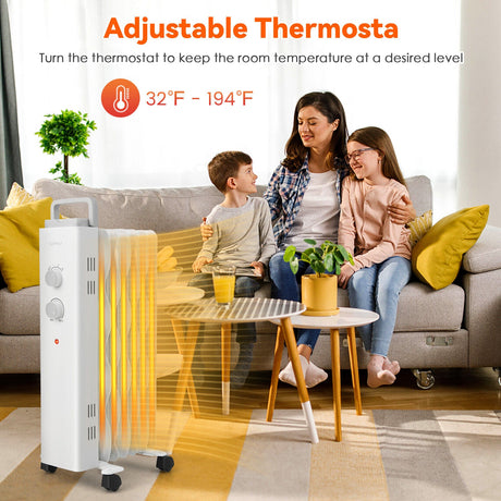 Calentador espacial de aceite de 1500W con ruedas universales y 3 niveles de calor-Blanco