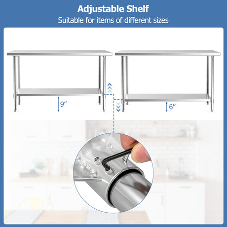 Mesa de trabajo de acero inoxidable de 24 x 60 pulgadas para preparación de cocina con estante inferior ajustable