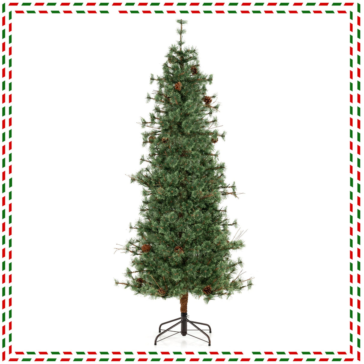 6/7/8 Feet Artificial Christmas Tree Pre-lit Hinged Xmas Tree with Warm White LED Lights and Pine Cones