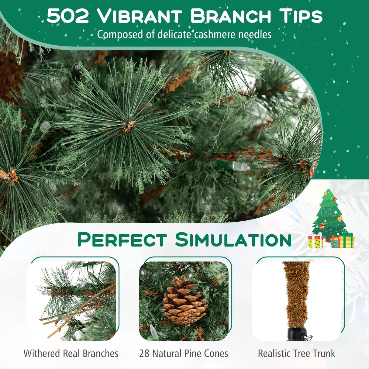 6/7/8 Feet Artificial Christmas Tree Pre-lit Hinged Xmas Tree with Warm White LED Lights and Pine Cones