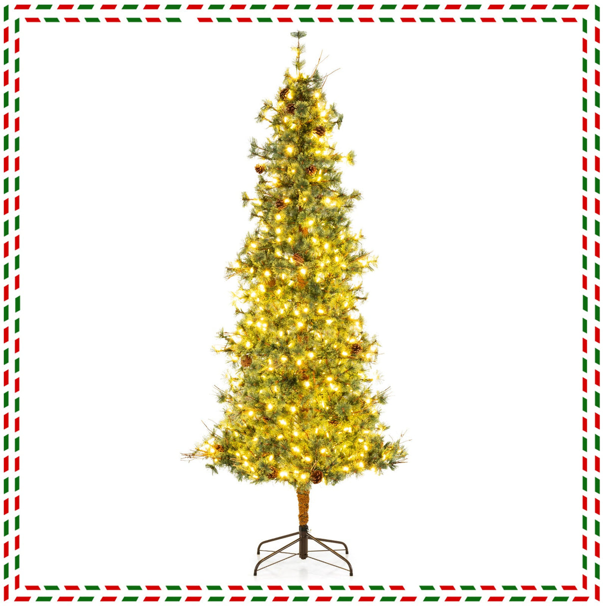 6/7/8 Feet Artificial Christmas Tree Pre-lit Hinged Xmas Tree with Warm White LED Lights and Pine Cones