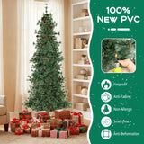 6/7/8 Feet Artificial Christmas Tree Pre-lit Hinged Xmas Tree with Warm White LED Lights and Pine Cones