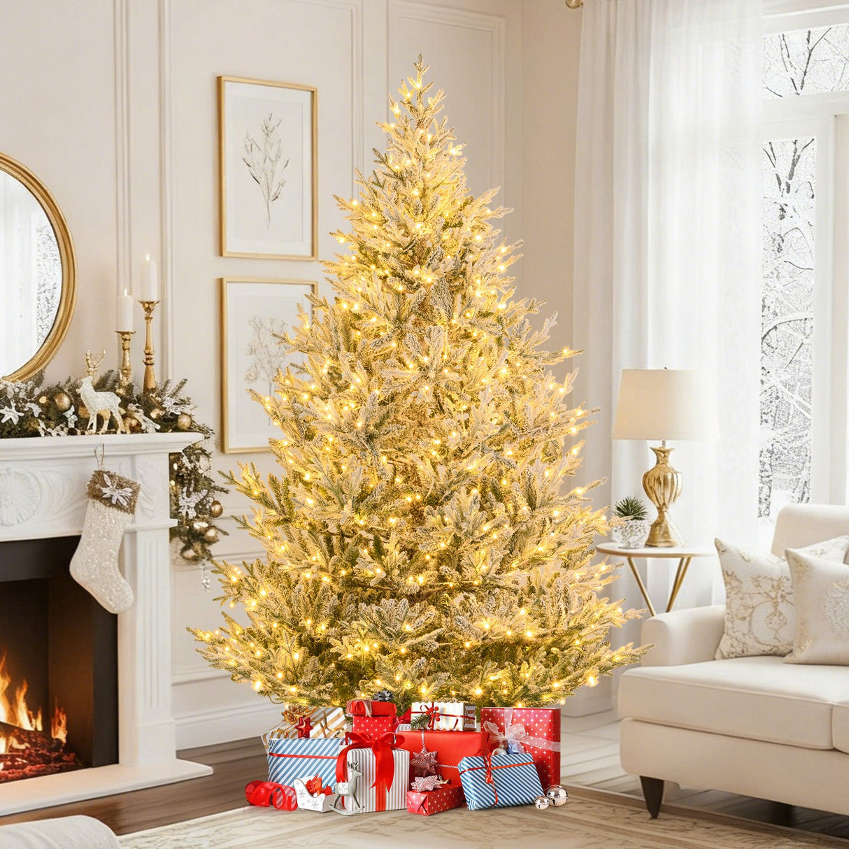 Árbol de Navidad Artificial Preiluminado de 6/7/8 Pies con Bisagras, con Nieve Flocada