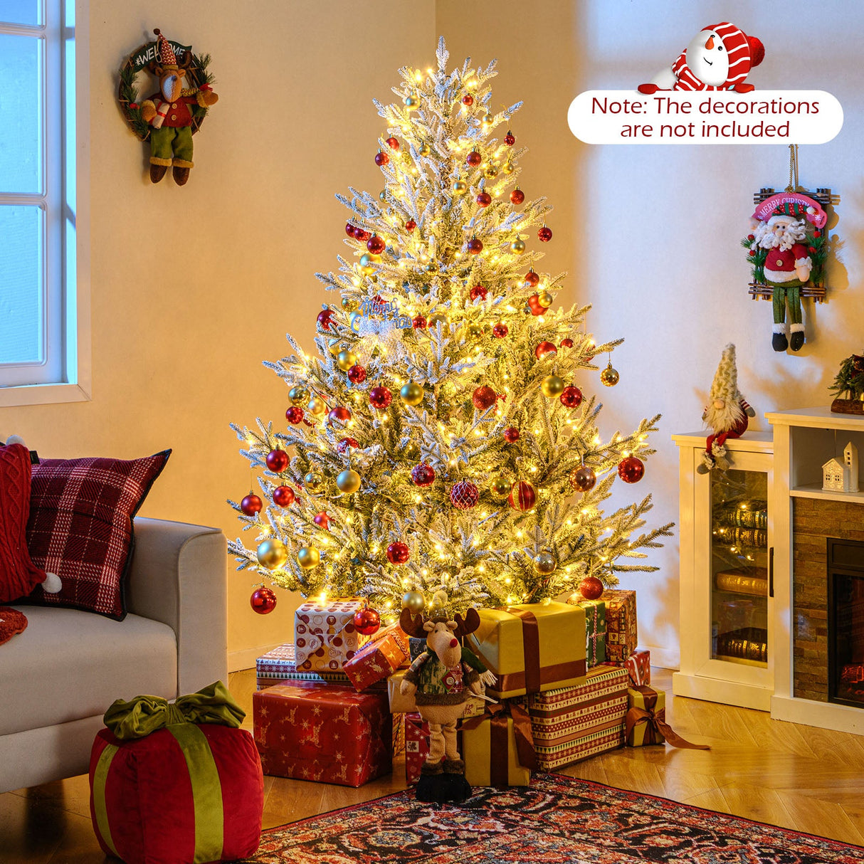 Árbol de Navidad Artificial Preiluminado de 6/7/8 Pies con Bisagras, con Nieve Flocada