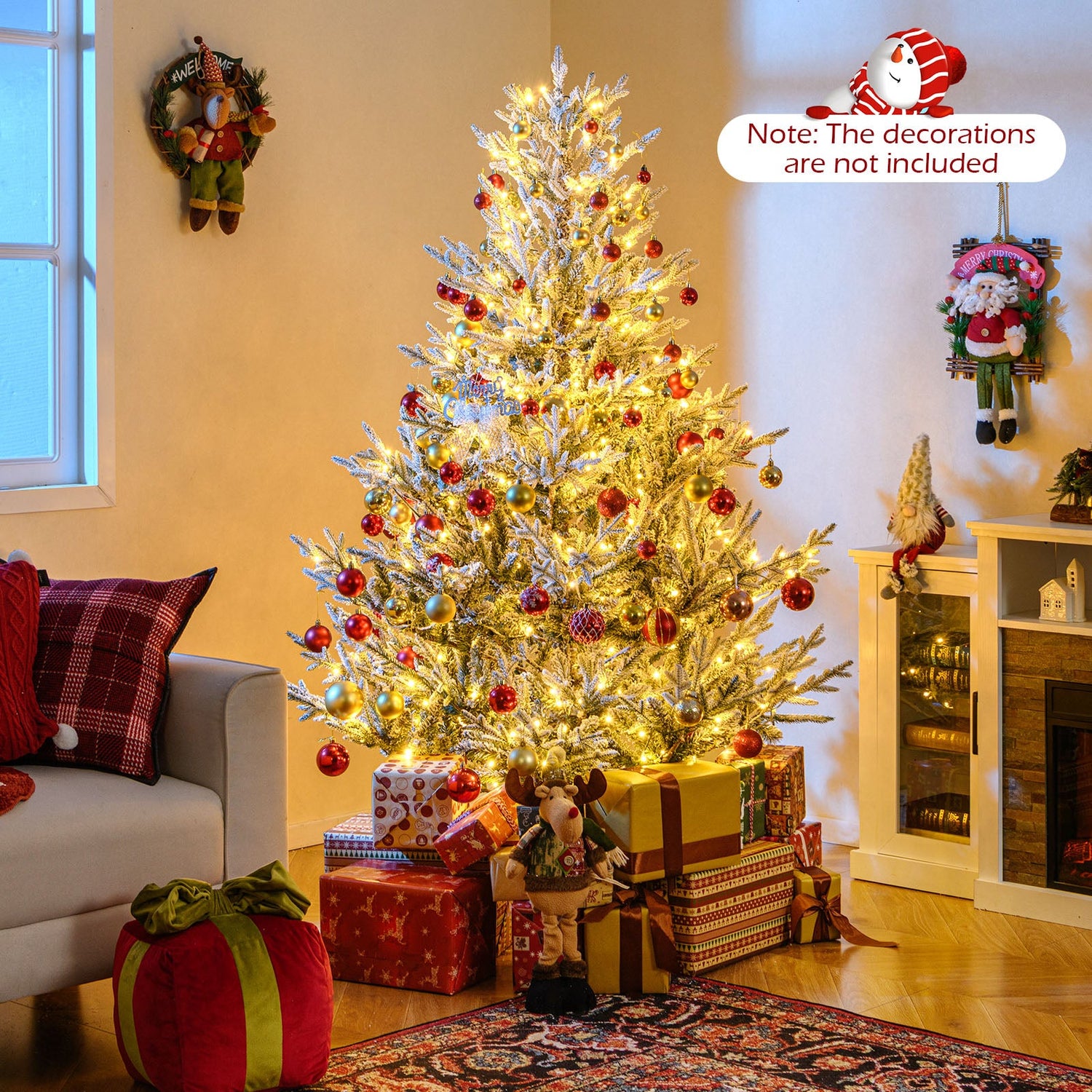 Árbol de Navidad Artificial Preiluminado de 6/7/8 Pies con Bisagras, con Nieve Flocada