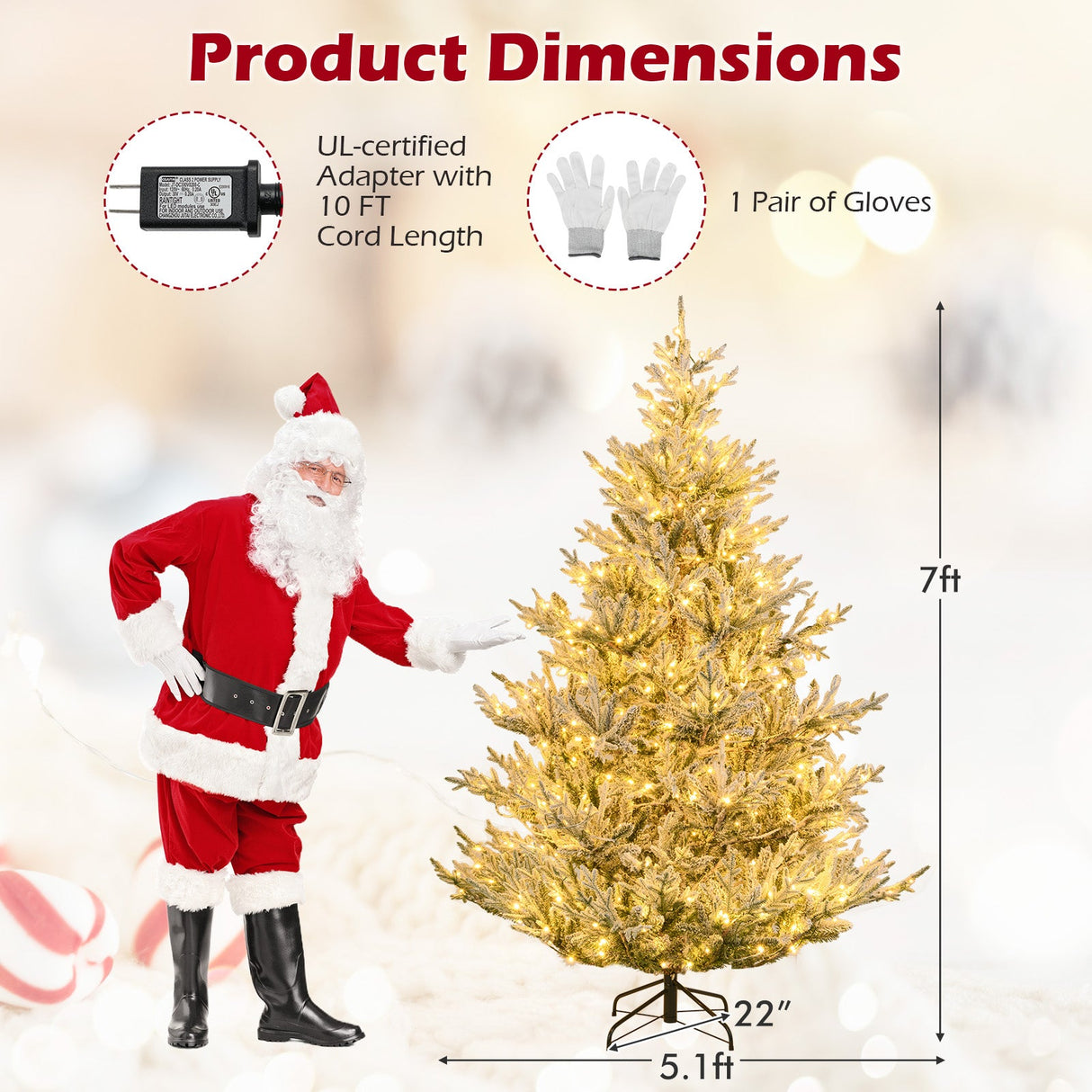 Árbol de Navidad Artificial Preiluminado de 6/7/8 Pies con Bisagras, con Nieve Flocada