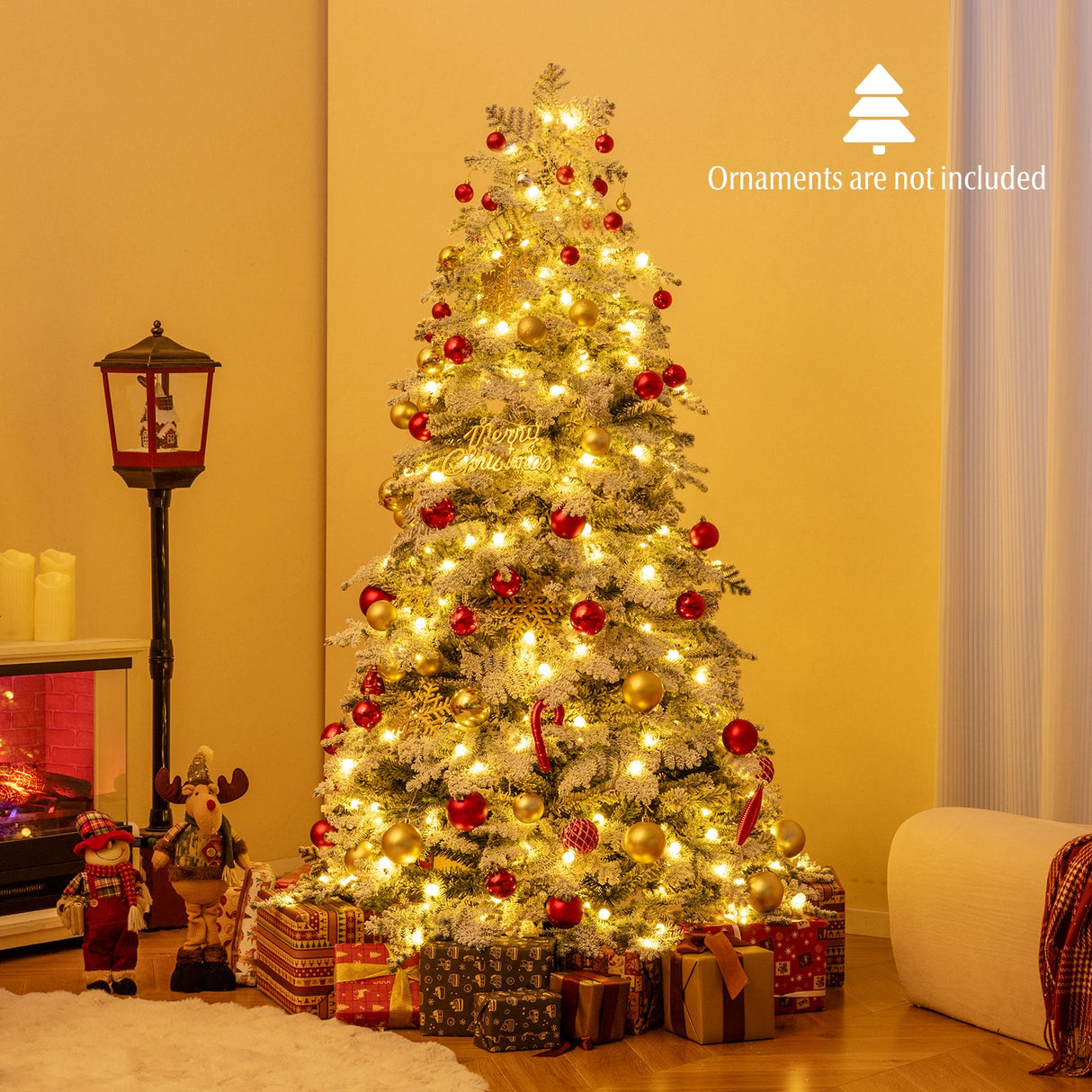 Árbol de Navidad nevado artificial de 1.8/2.1 metros, preiluminado, con bisagras y 130 esferas parpadeantes