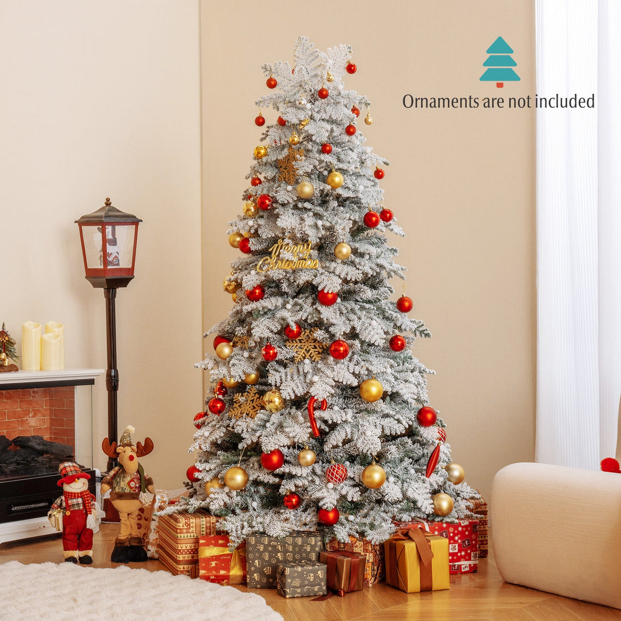 Árbol de Navidad nevado artificial de 1.8/2.1 metros, preiluminado, con bisagras y 130 esferas parpadeantes