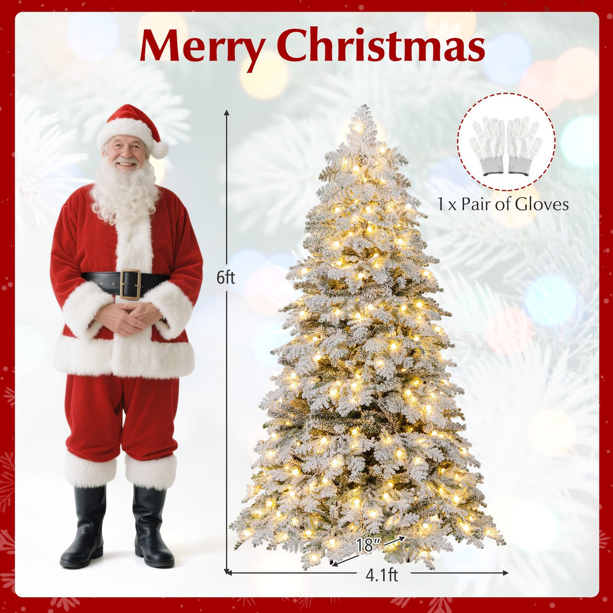 Árbol de Navidad nevado artificial de 1.8/2.1 metros, preiluminado, con bisagras y 130 esferas parpadeantes