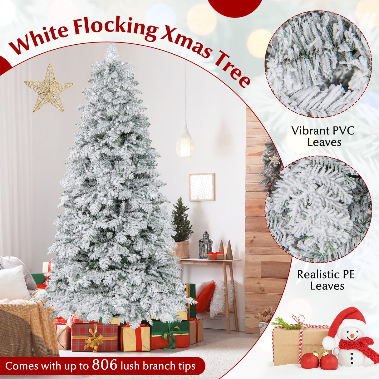 Árbol de Navidad nevado artificial de 1.8/2.1 metros, preiluminado, con bisagras y 130 esferas parpadeantes