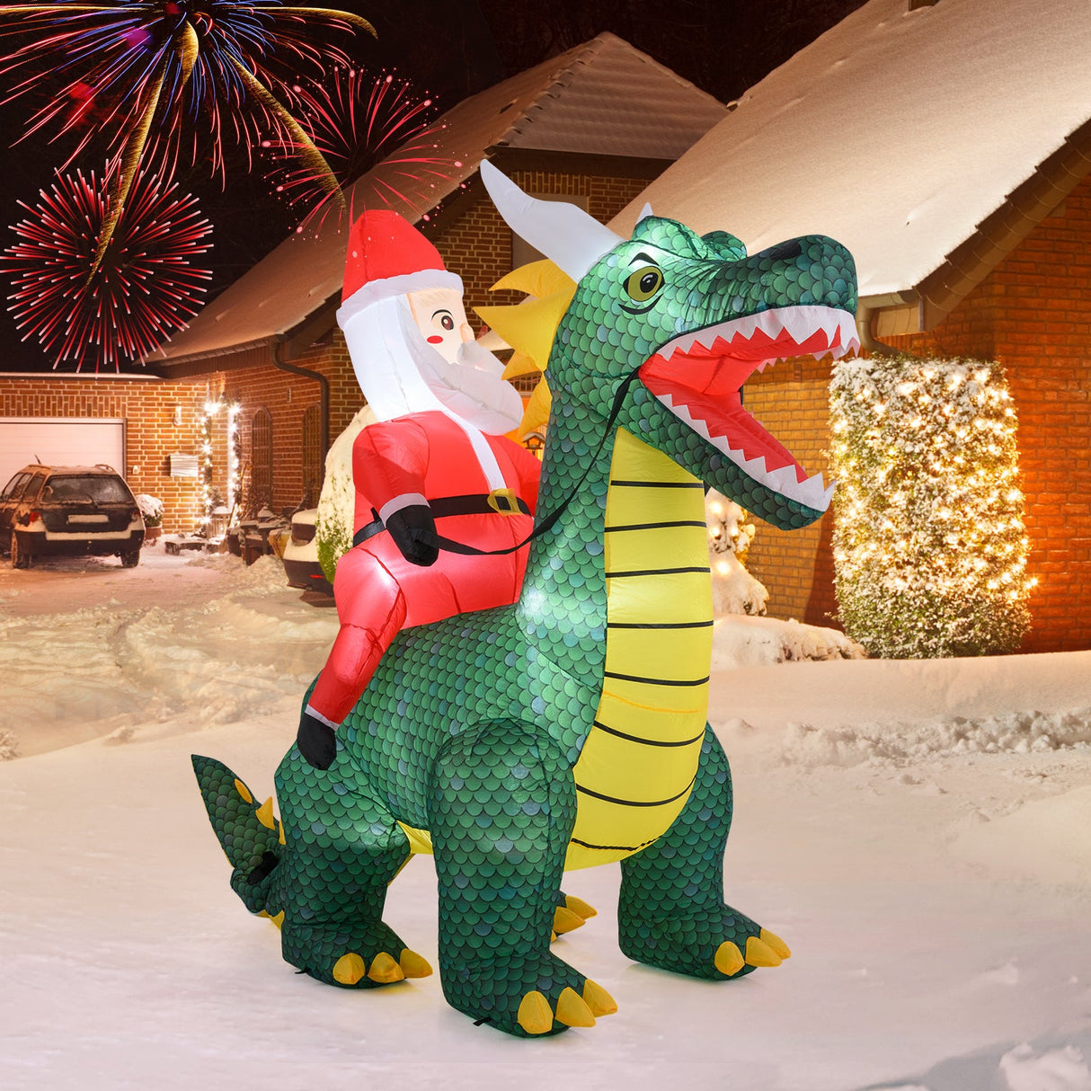 Papá Noel inflable de Navidad de 6.7 pies montado en un dinosaurio con luces LED integradas
