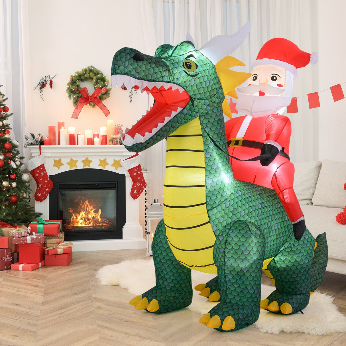Papá Noel inflable de Navidad de 6.7 pies montado en un dinosaurio con luces LED integradas