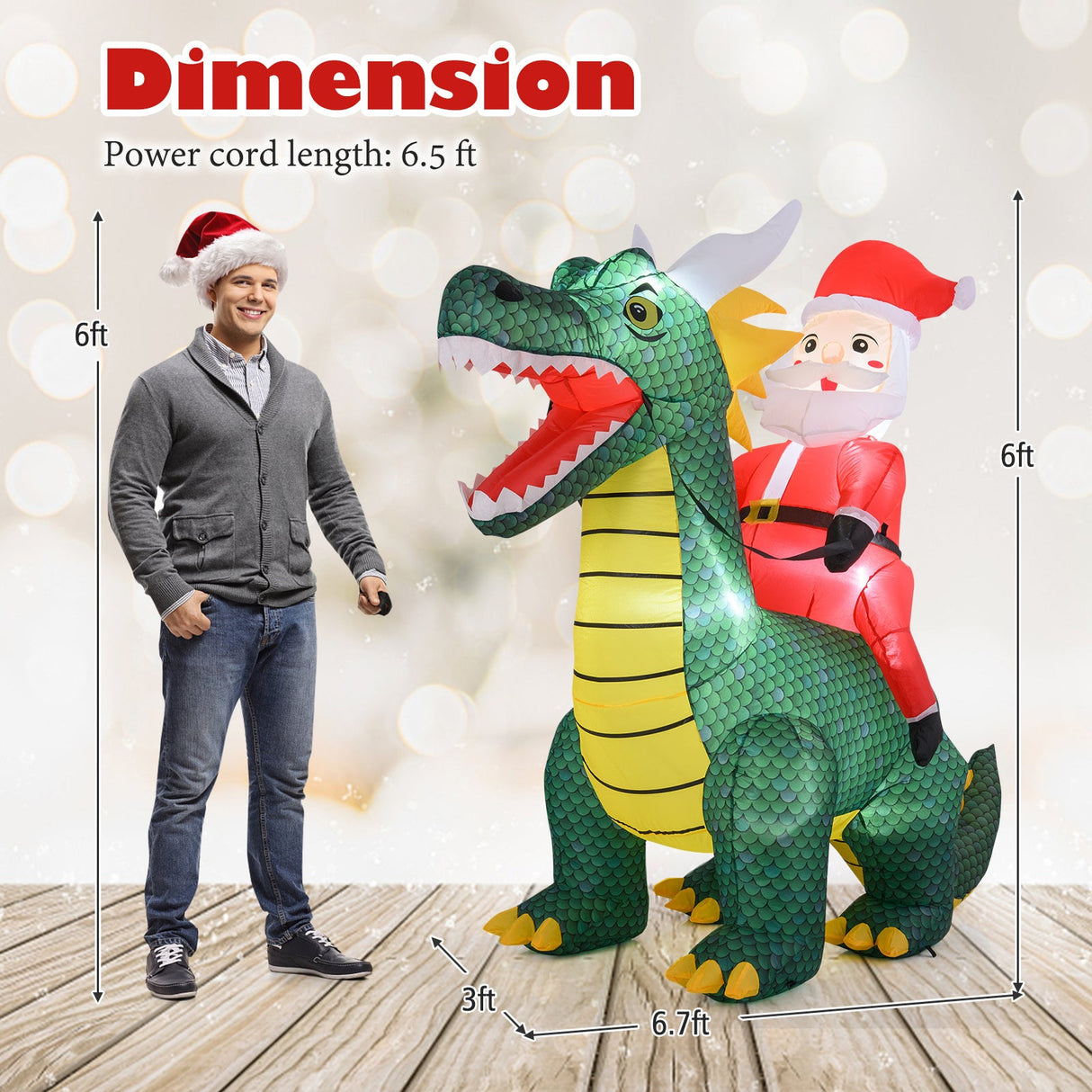 Papá Noel inflable de Navidad de 6.7 pies montado en un dinosaurio con luces LED integradas