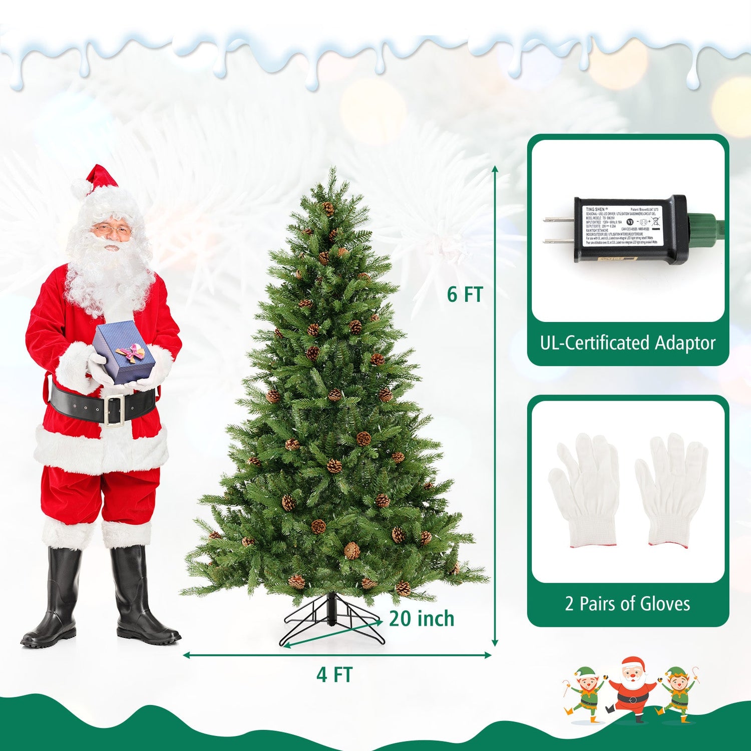Árbol de Navidad Artificial de 1.83 m con Piñas y Brillo Ajustable