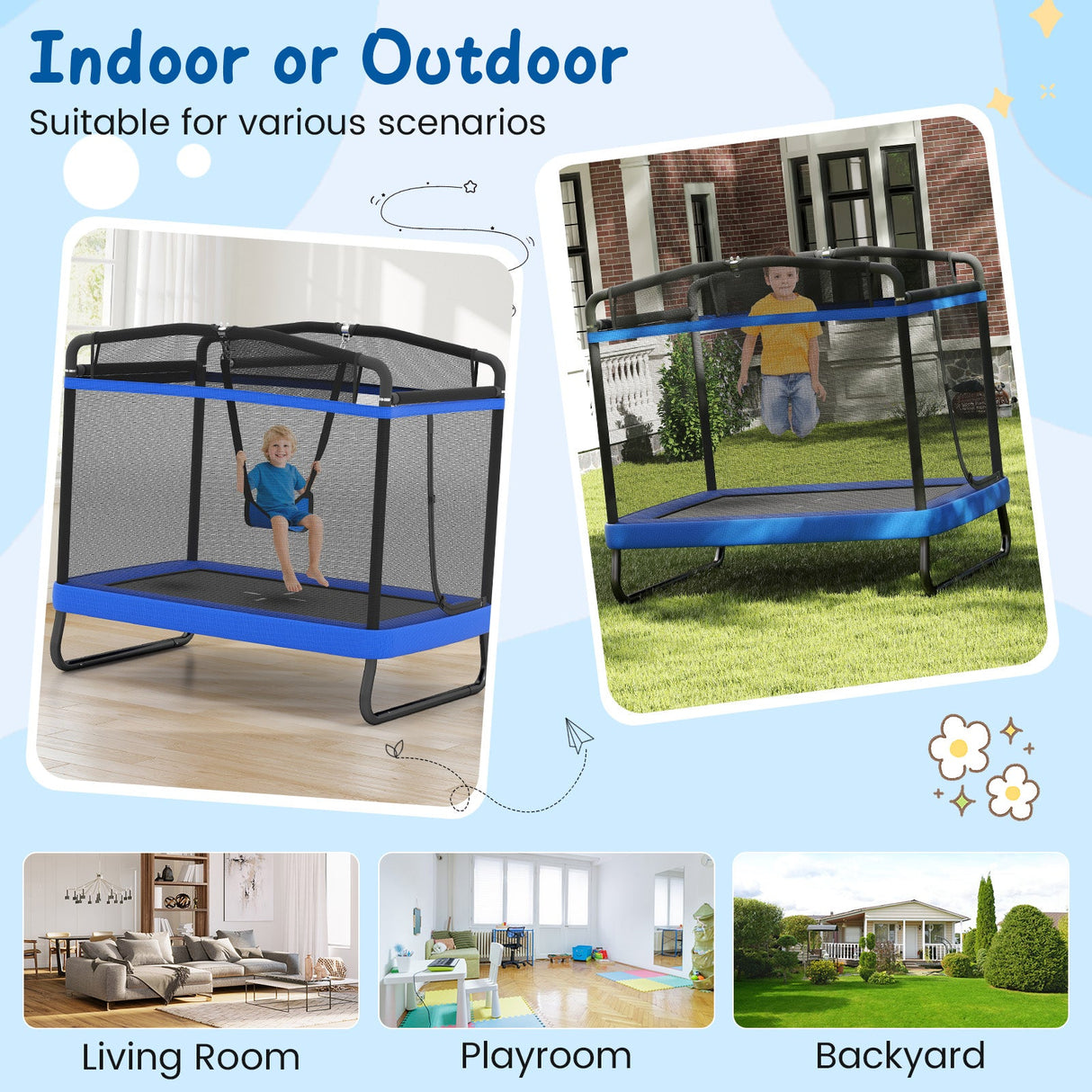 Trampolín Infantil de 6 pies con Columpio y Barra Horizontal, Pequeño Trampolín Rectangular