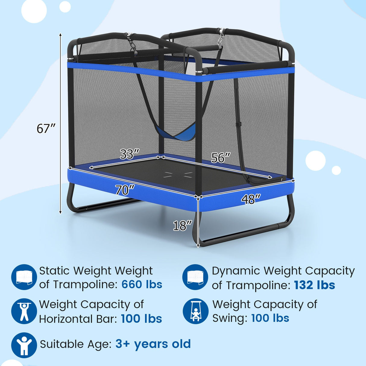 Trampolín Infantil de 6 pies con Columpio y Barra Horizontal, Pequeño Trampolín Rectangular