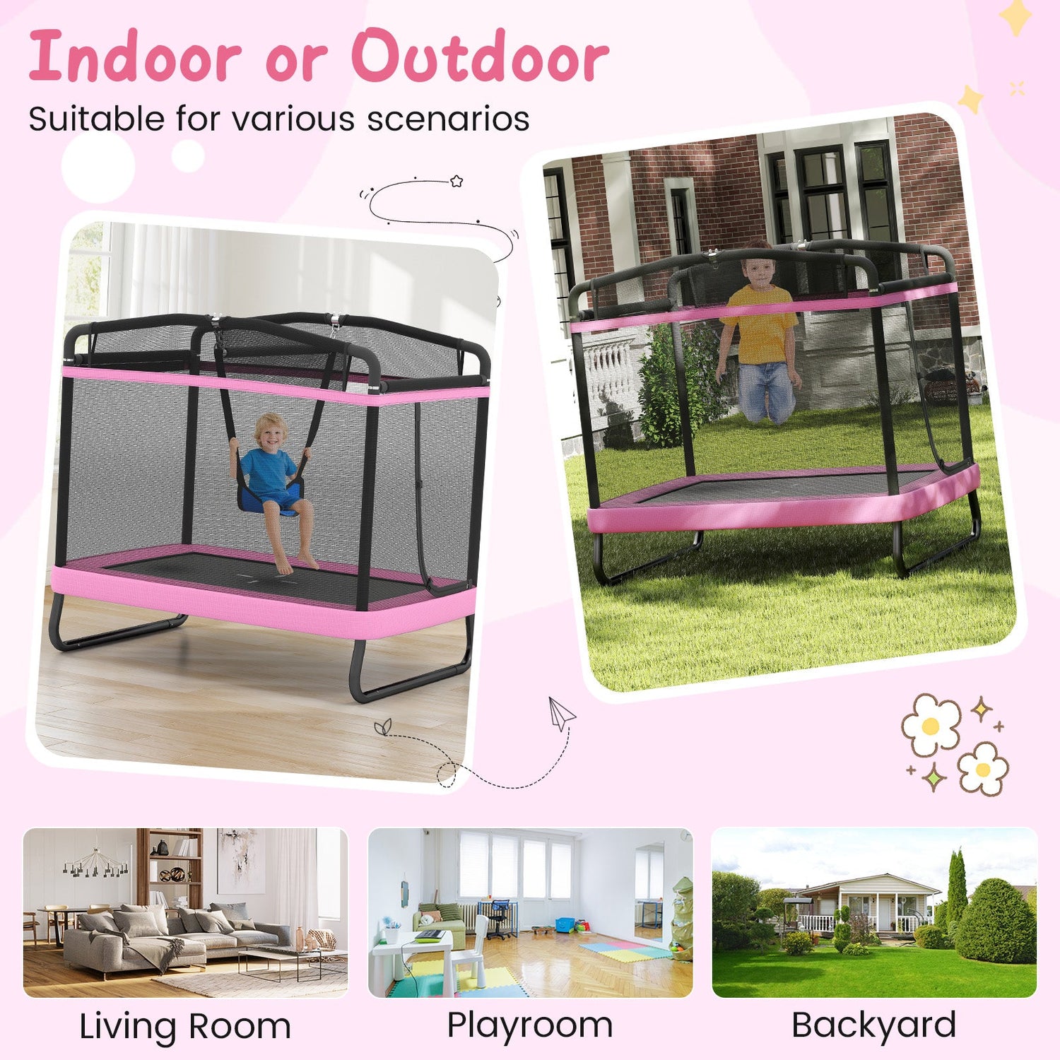 Trampolín Infantil de 6 pies con Columpio y Barra Horizontal, Pequeño Trampolín Rectangular