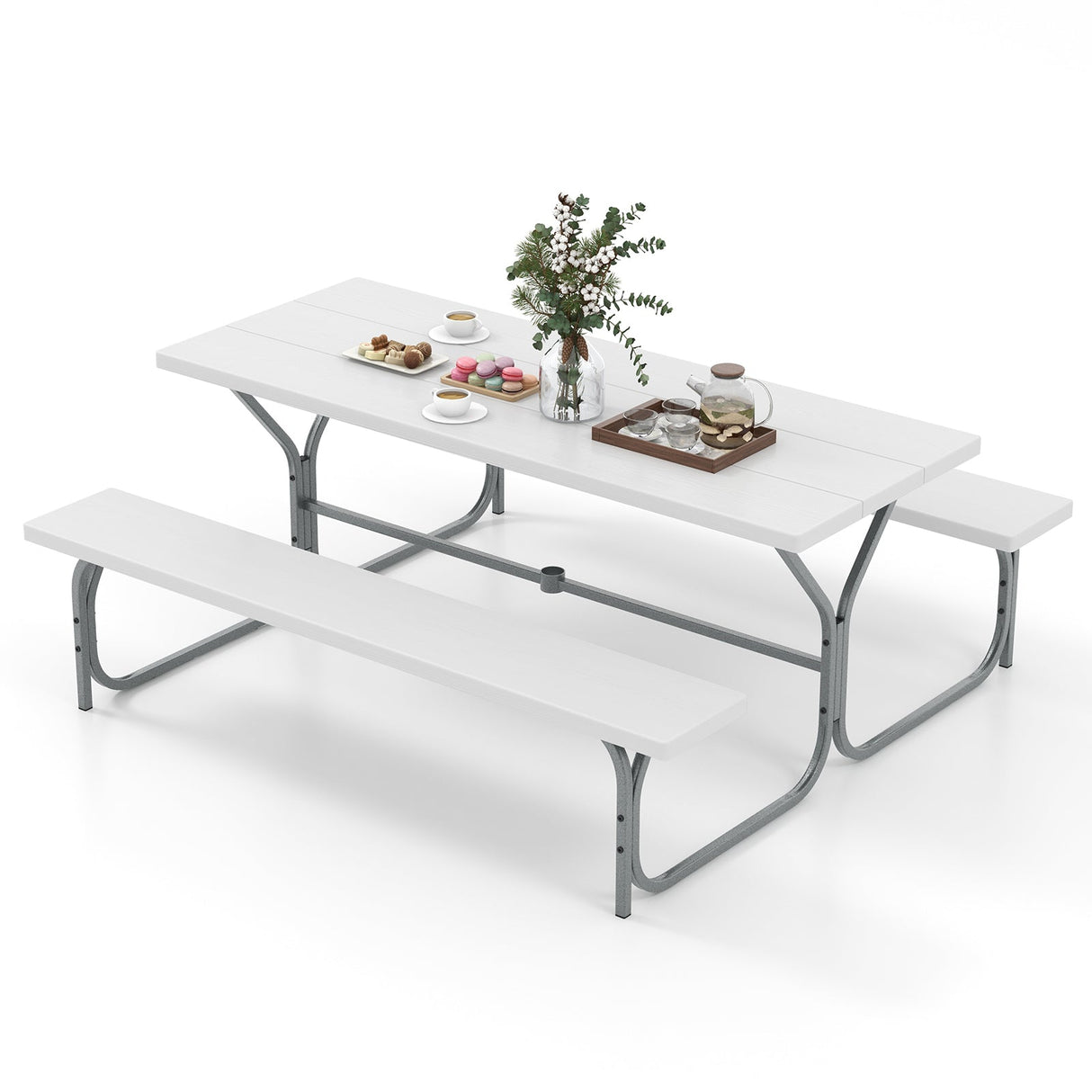 Juego de mesa de picnic con bancos de 6 pies con tablero de HDPE para 8 personas - Gris