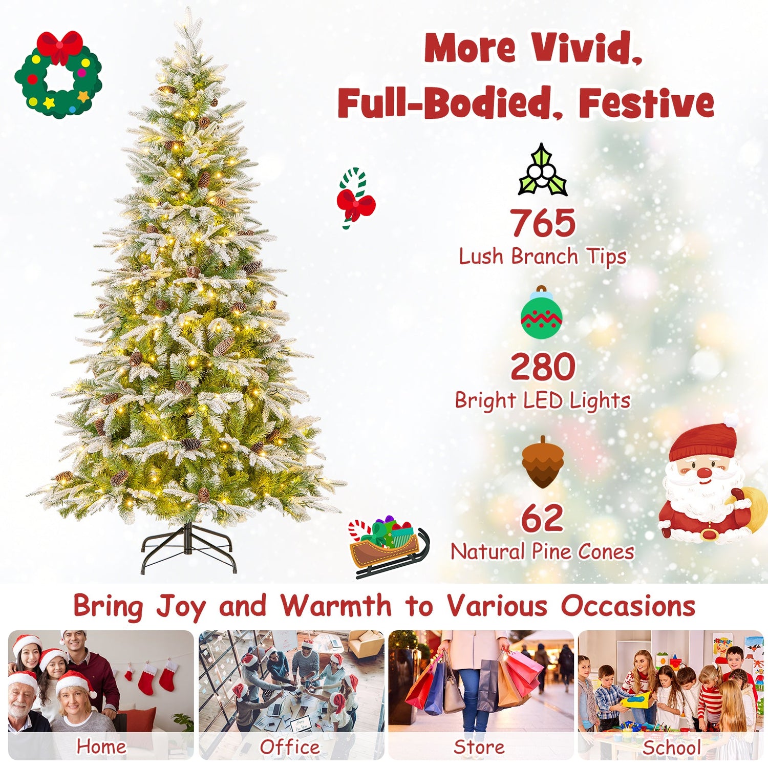 Árbol de Navidad artificial preiluminado de 6/7.5/9 pies con 765/1135/1871 puntas y 280/470/690 luces LED blanco cálido