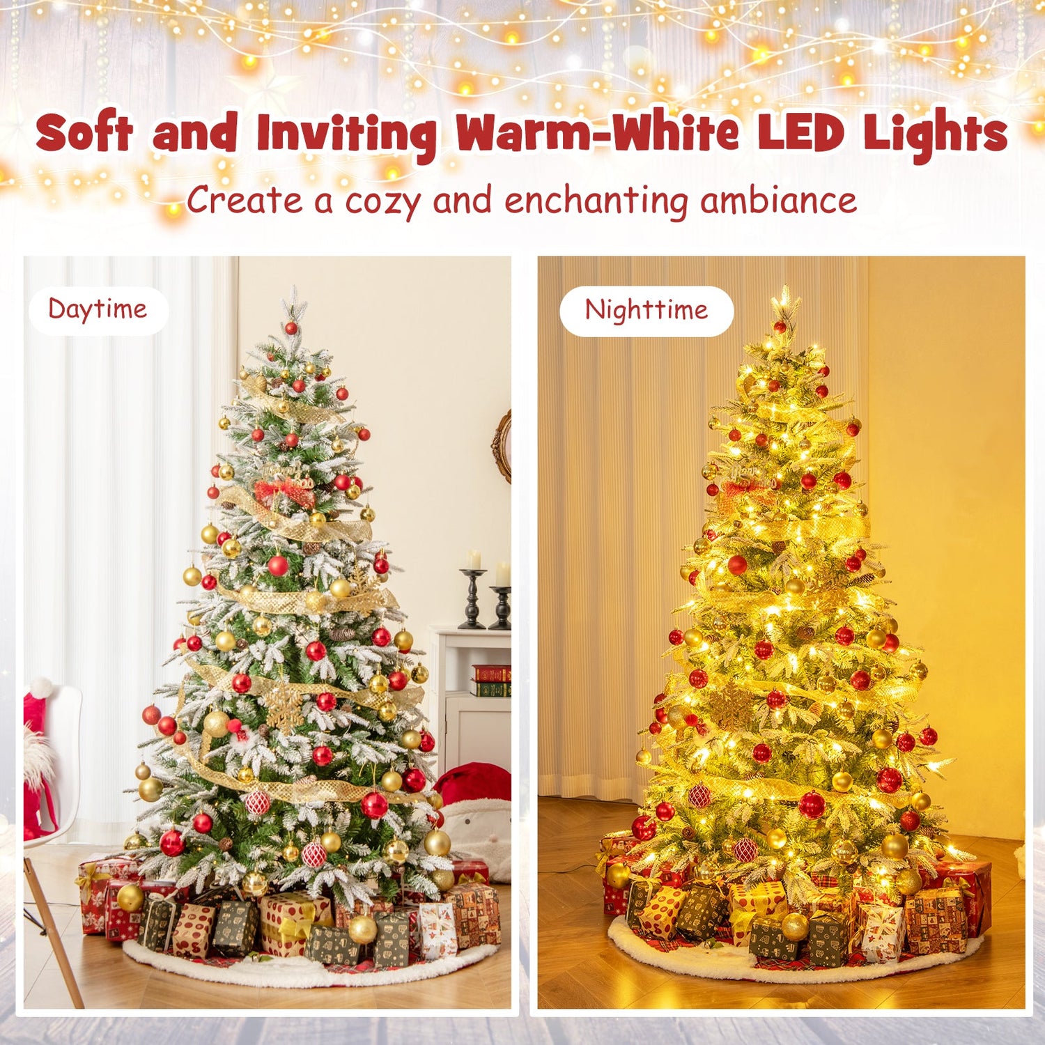 Árbol de Navidad artificial preiluminado de 6/7.5/9 pies con 765/1135/1871 puntas y 280/470/690 luces LED blanco cálido