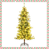 6/7/8 Feet Artificial Christmas Tree Pre-lit Hinged Xmas Tree with Warm White LED Lights and Pine Cones