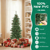 6/7/8 Feet Artificial Christmas Tree Pre-lit Hinged Xmas Tree with Warm White LED Lights and Pine Cones