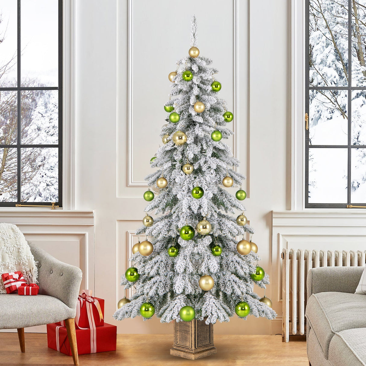 Árbol de Navidad Artificial de 1,8 m con 589 Ramas con Aspecto Nevado y 48 Bolas de Navidad