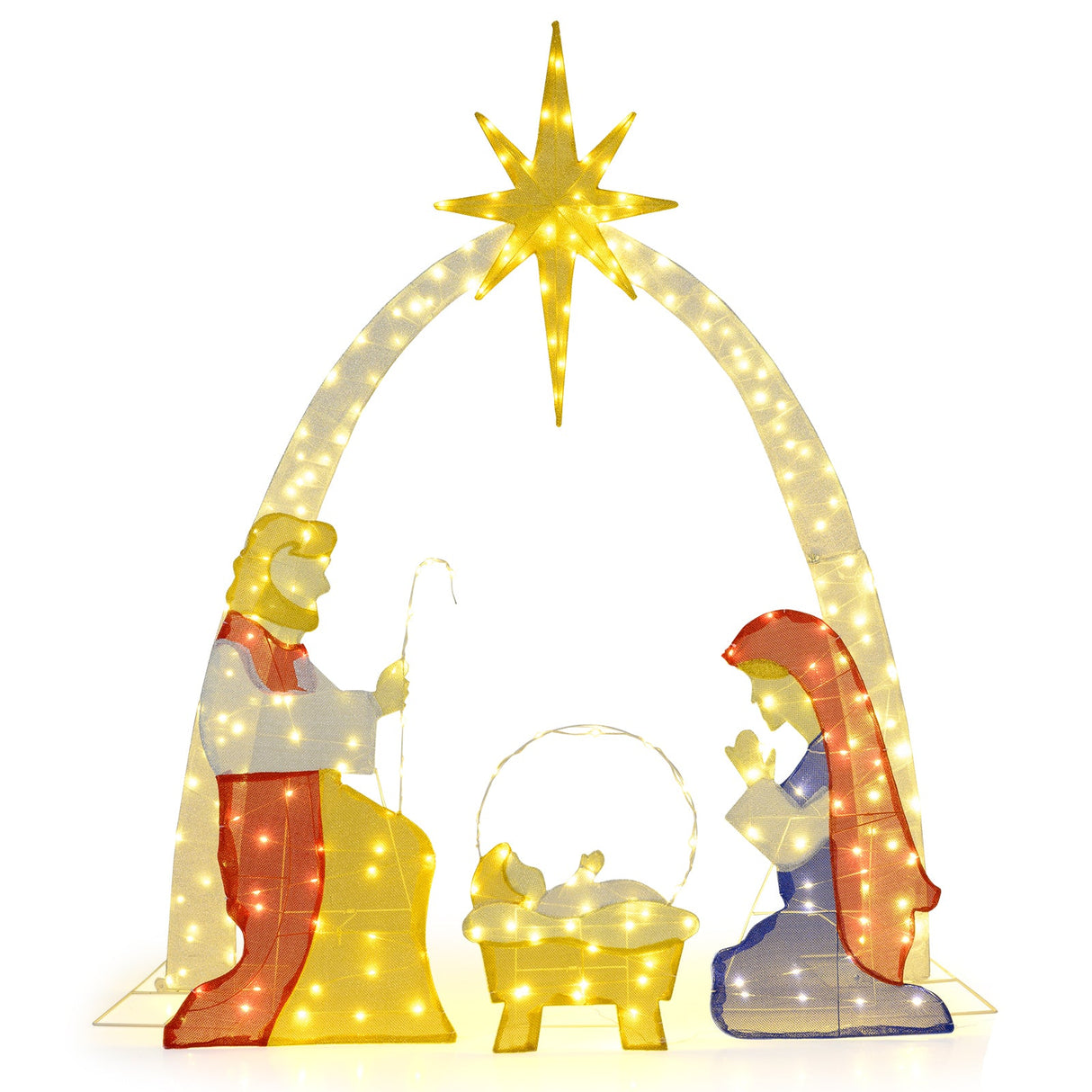 Decoración de jardín de 6 pies de un nacimiento iluminado con 240 luces LED de color blanco cálido