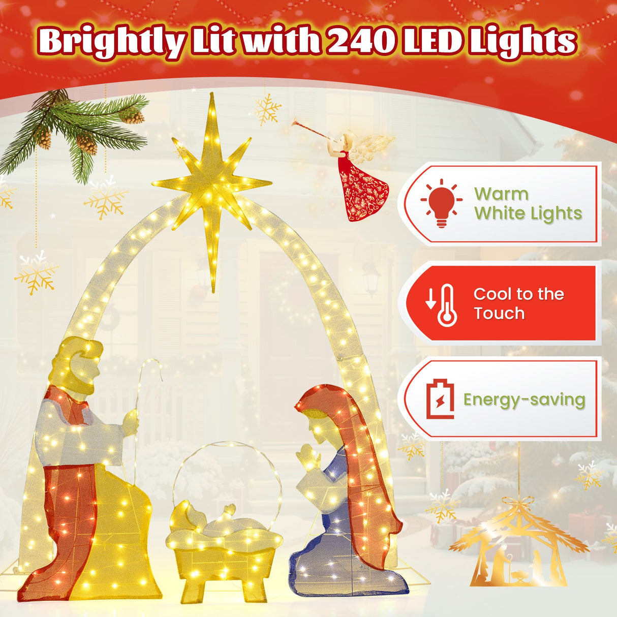 Decoración de jardín de 6 pies de un nacimiento iluminado con 240 luces LED de color blanco cálido