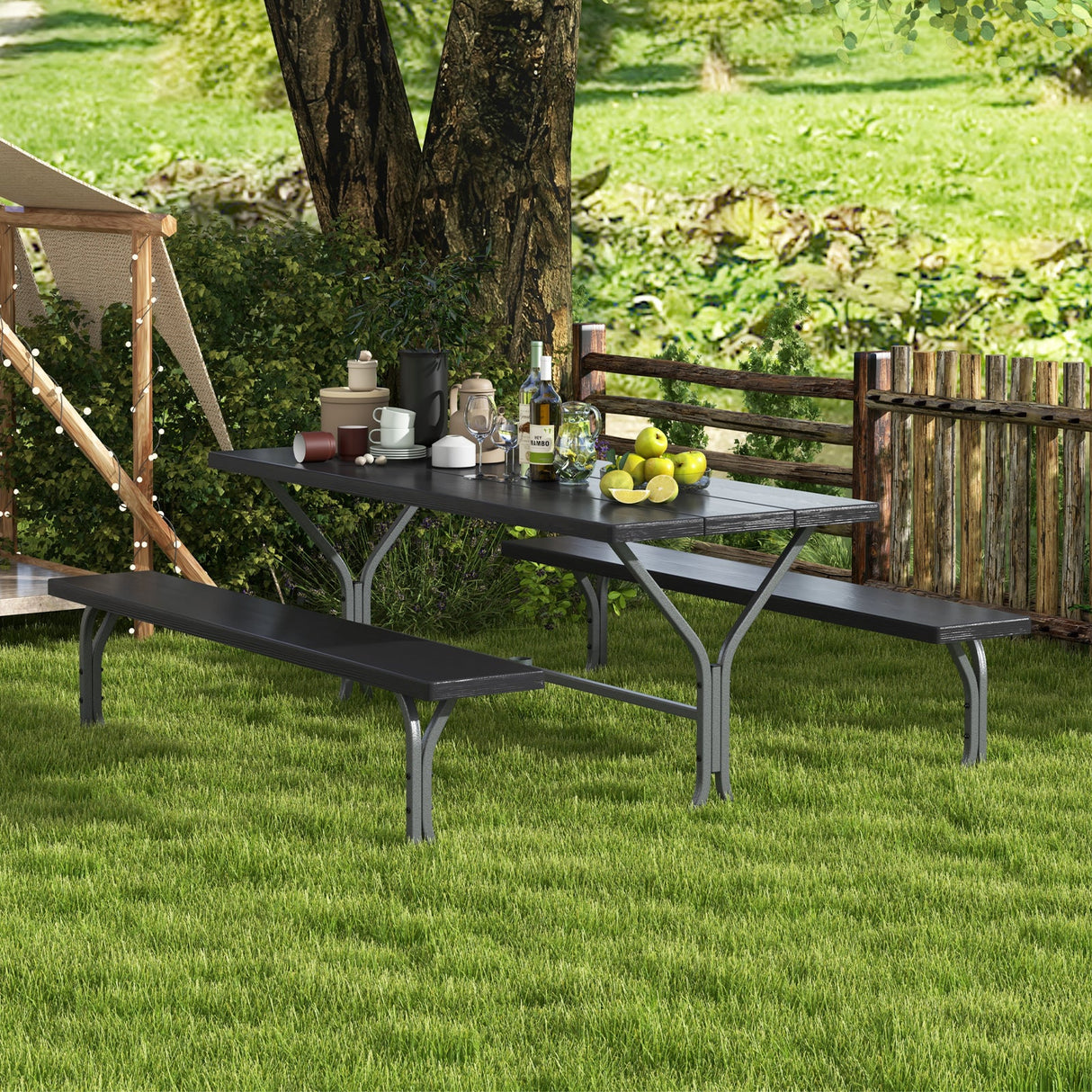 Juego de mesa de picnic con bancos de 6 pies con tablero de HDPE para 8 personas - Gris