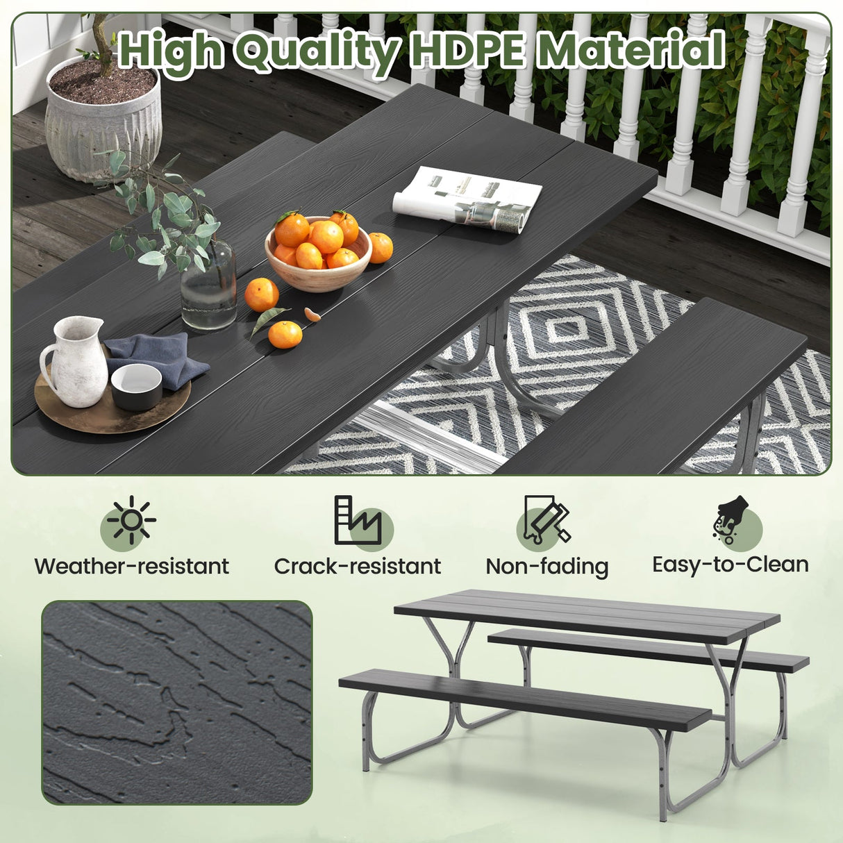 Juego de mesa de picnic con bancos de 6 pies con tablero de HDPE para 8 personas - Gris