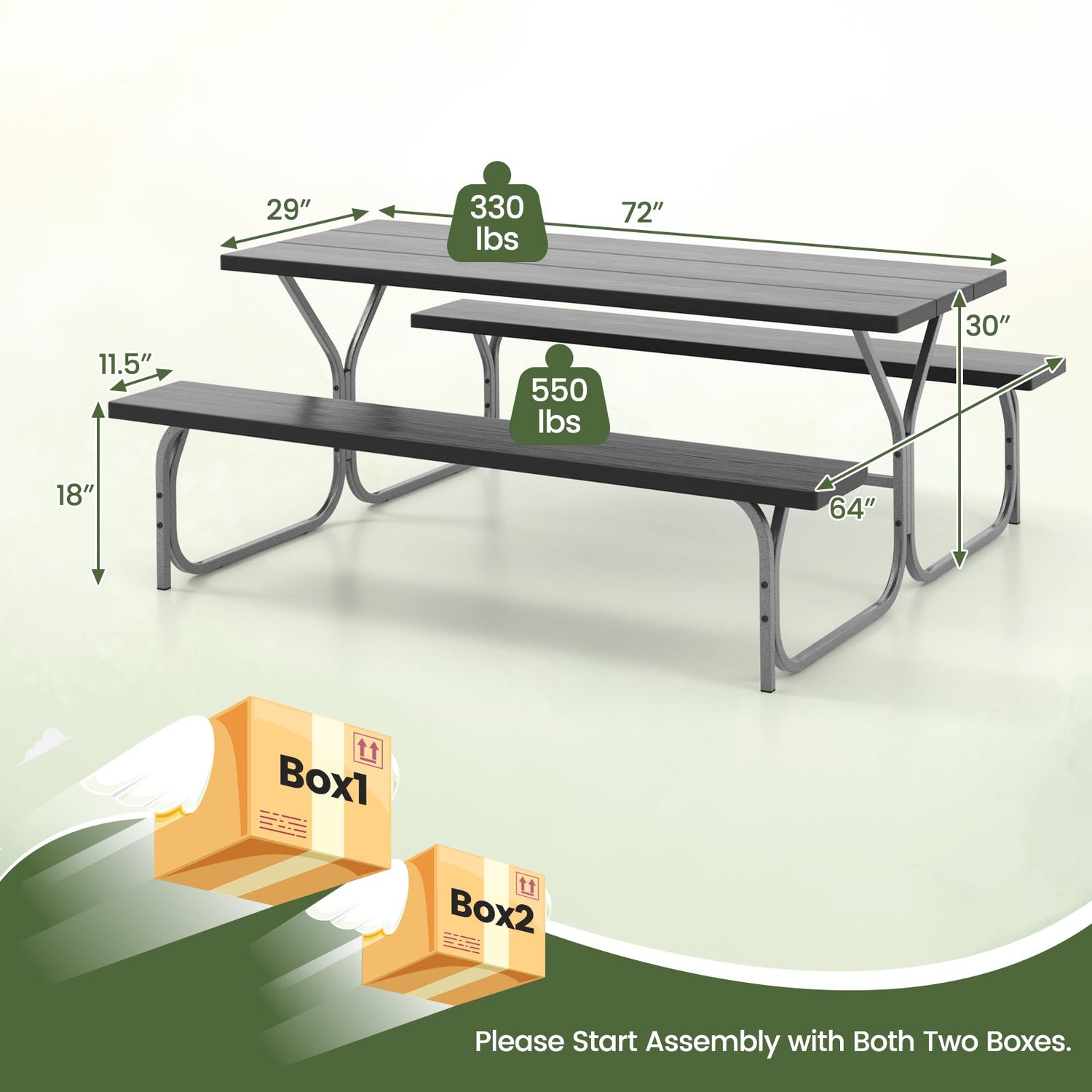 Juego de mesa de picnic con bancos de 6 pies con tablero de HDPE para 8 personas - Gris