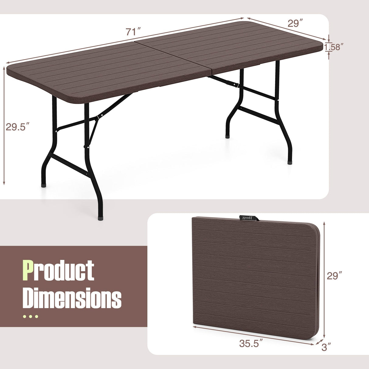 6 Feet Folding Table with Wood Grain HDPE Tabletop and Safe Lock Mechanism