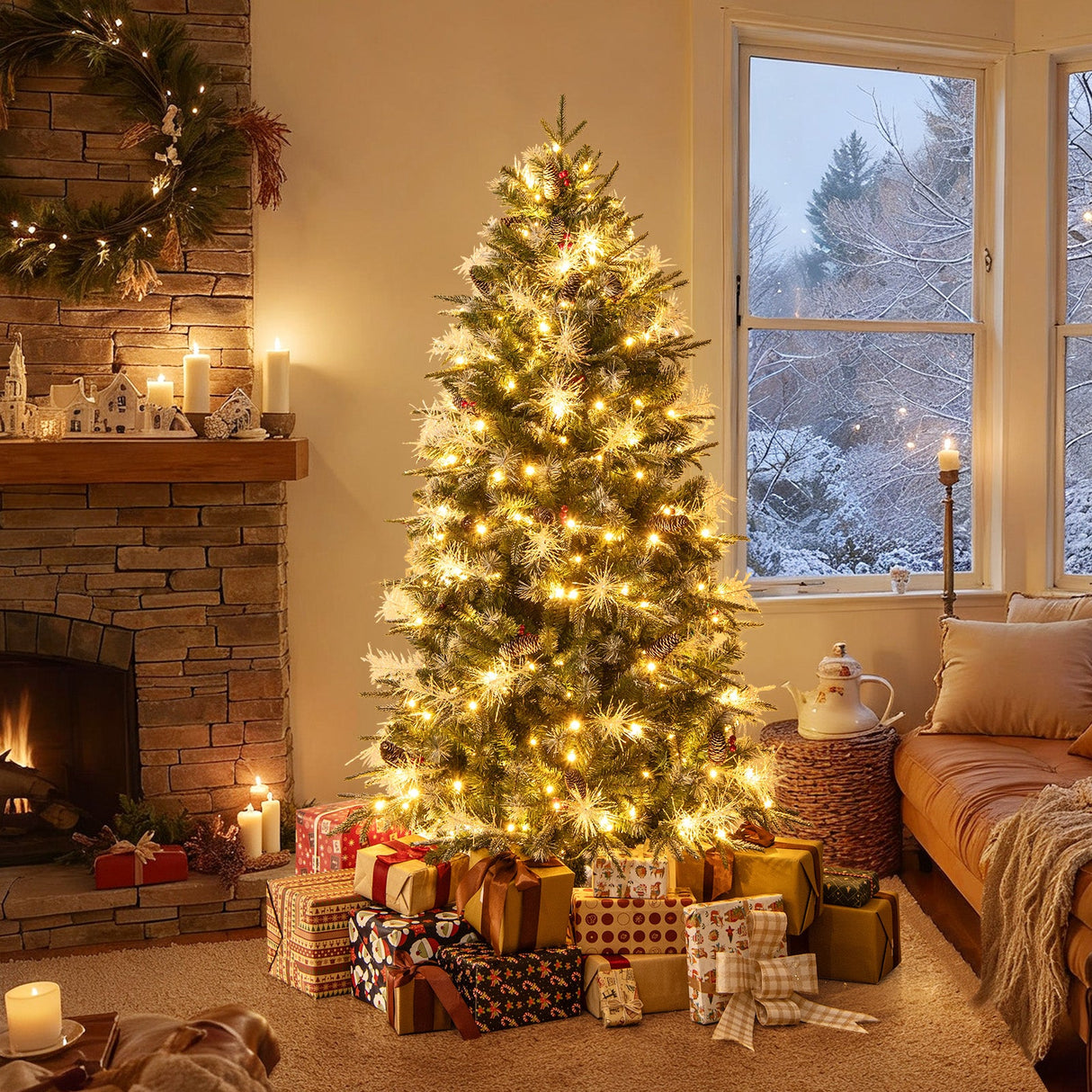 Árbol de Navidad Artificial Preiluminado de 5 pies con Luces LED de 8 Modos con Bayas