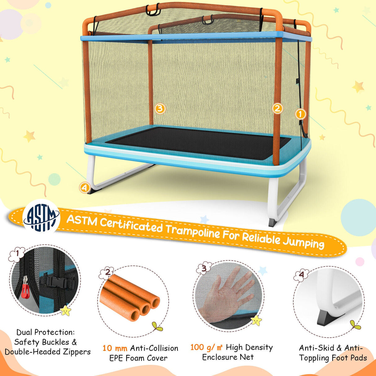 Trampolín rectangular de 6 pies con barra horizontal de columpio y red de seguridad